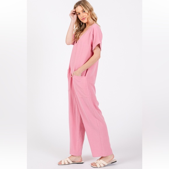 Solid Linen Short Sleeve V-neck Jumpsuit - Picture 4 of 5